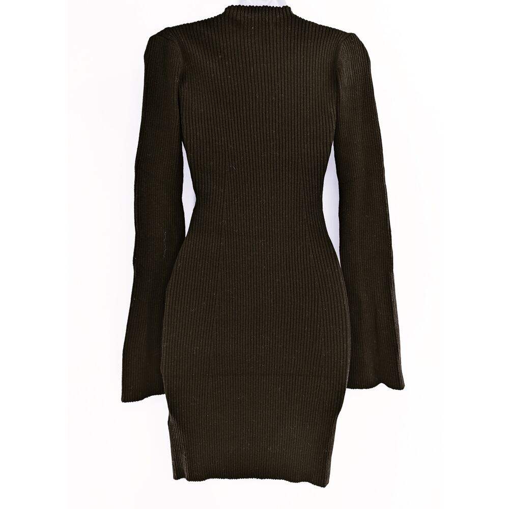 Stitches & Stripes Black Ribbed Knit V-Neck Mini Dress Long Sleeve Cold Shoulder - Picture 7 of 13